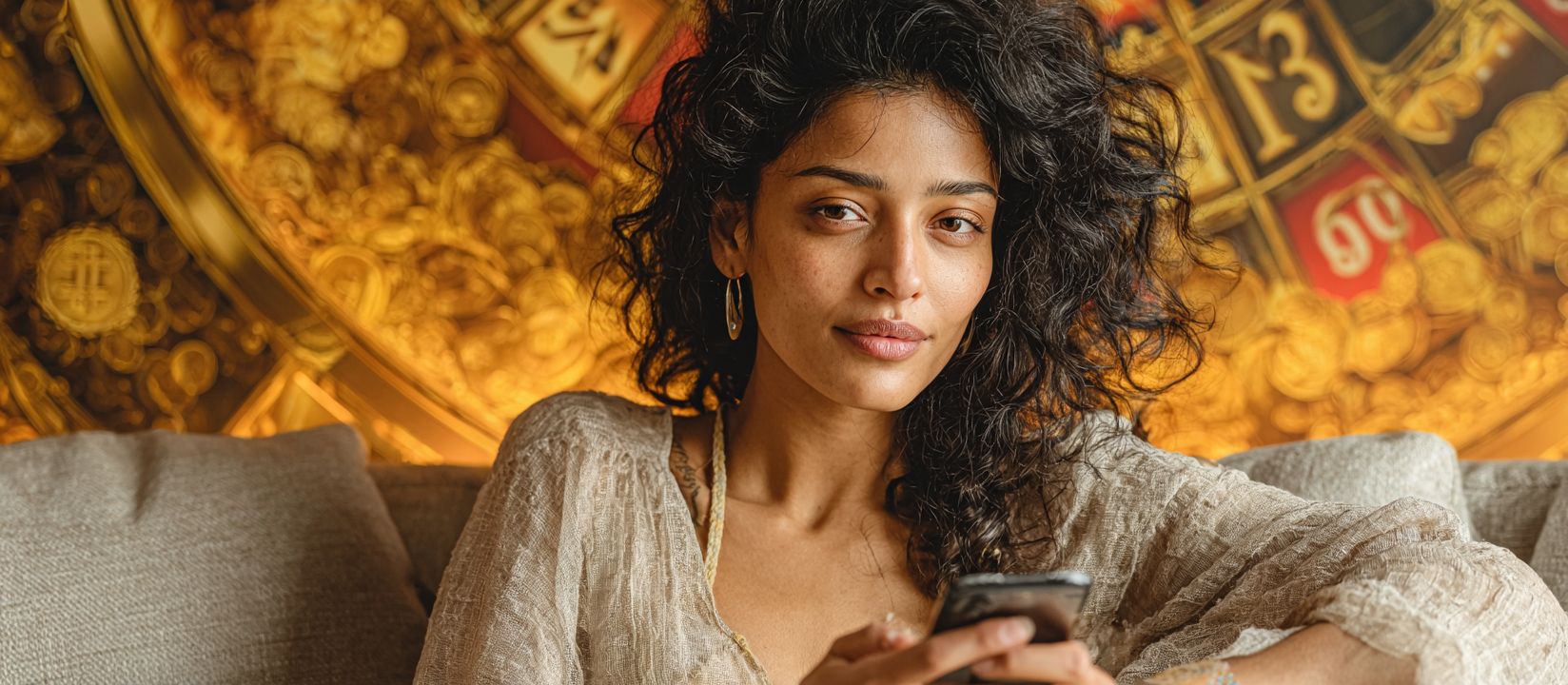 A woman with long, loose hair holds a phone running the GrapWin app