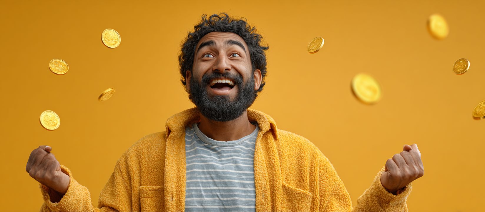A man in a white shirt sits in the dark in front of a laptop and plays Aviator at 499Betthe man in the yellow jacket looks up joyfully, happy to have won big at Aviator