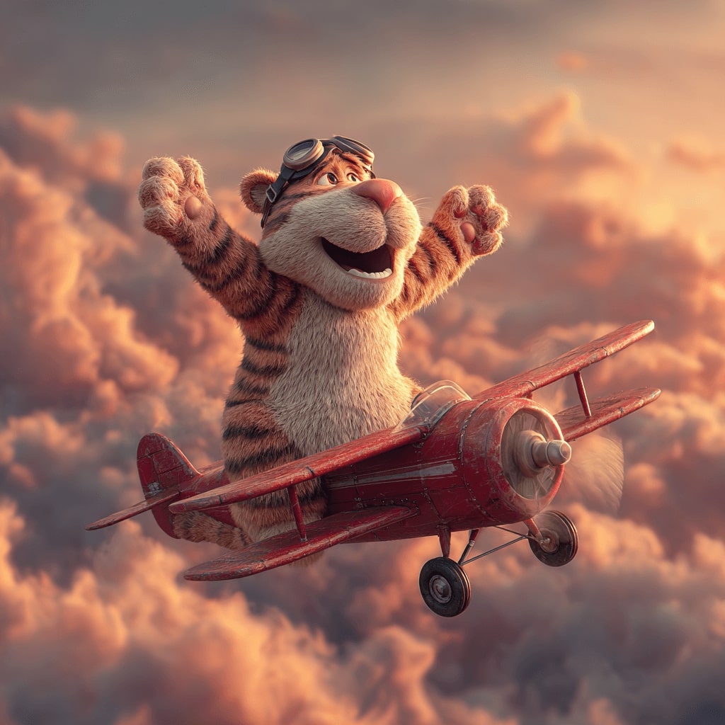 A cartoon tiger in flight goggles happily flying a small red aeroplane