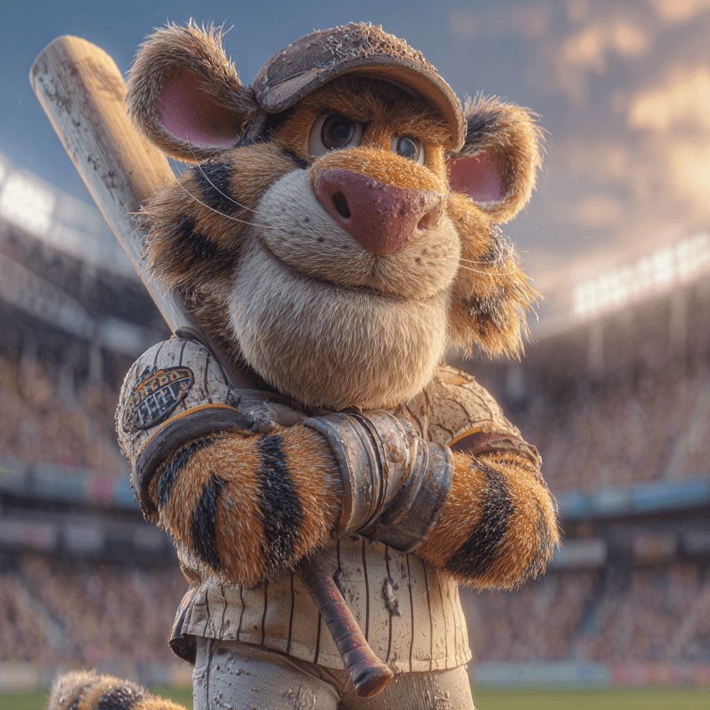 A cartoon tiger in the shape of a baseball player holds a bat and stands confidently in the stadium preparing to place a bet at Grapwin
