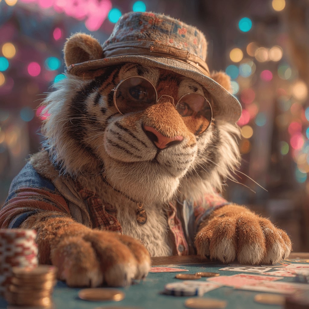 A cartoon tiger in a hat and glasses sits at a poker table with chips and cards