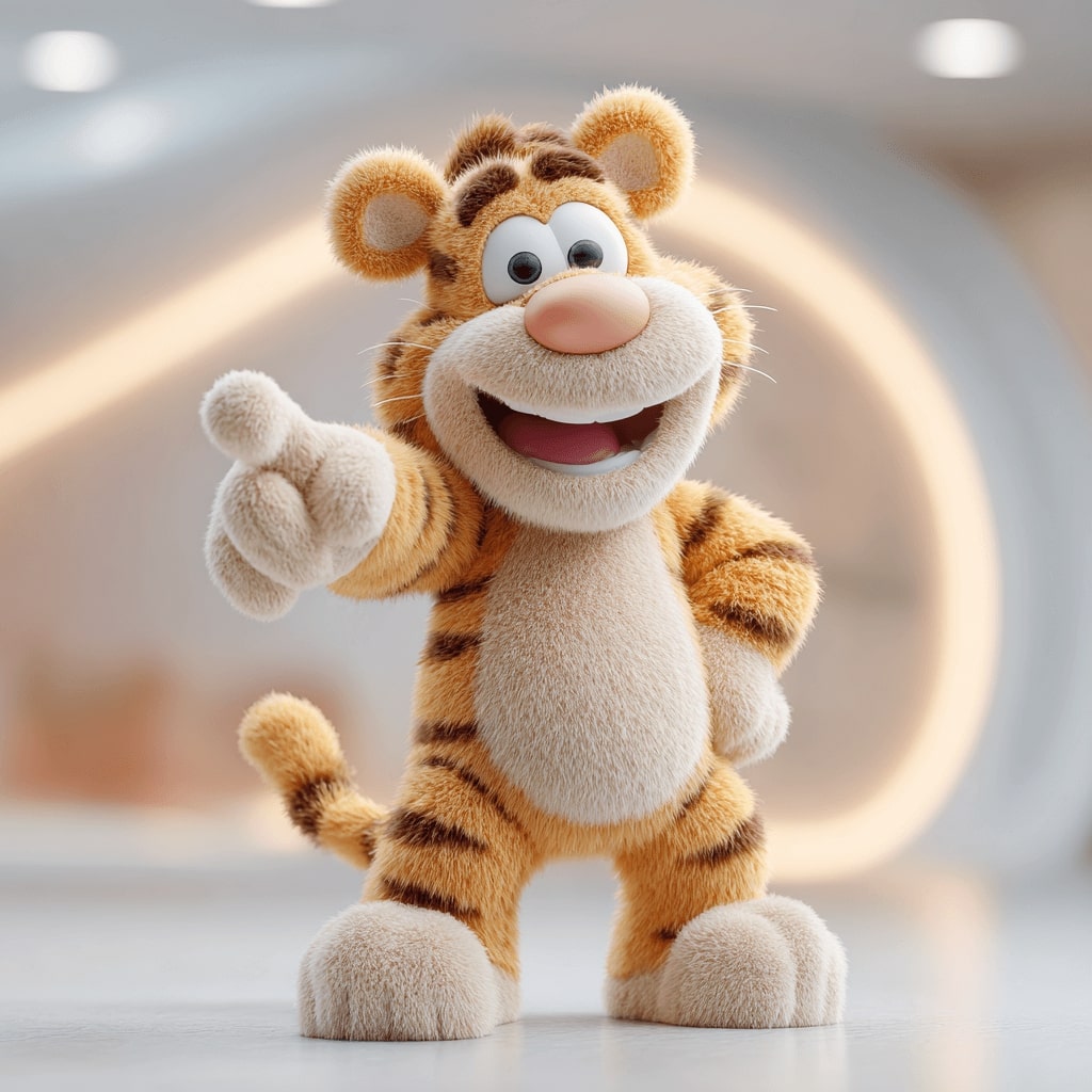 A cartoon tiger in a friendly pose smiling and pointing with his hand to the Login button