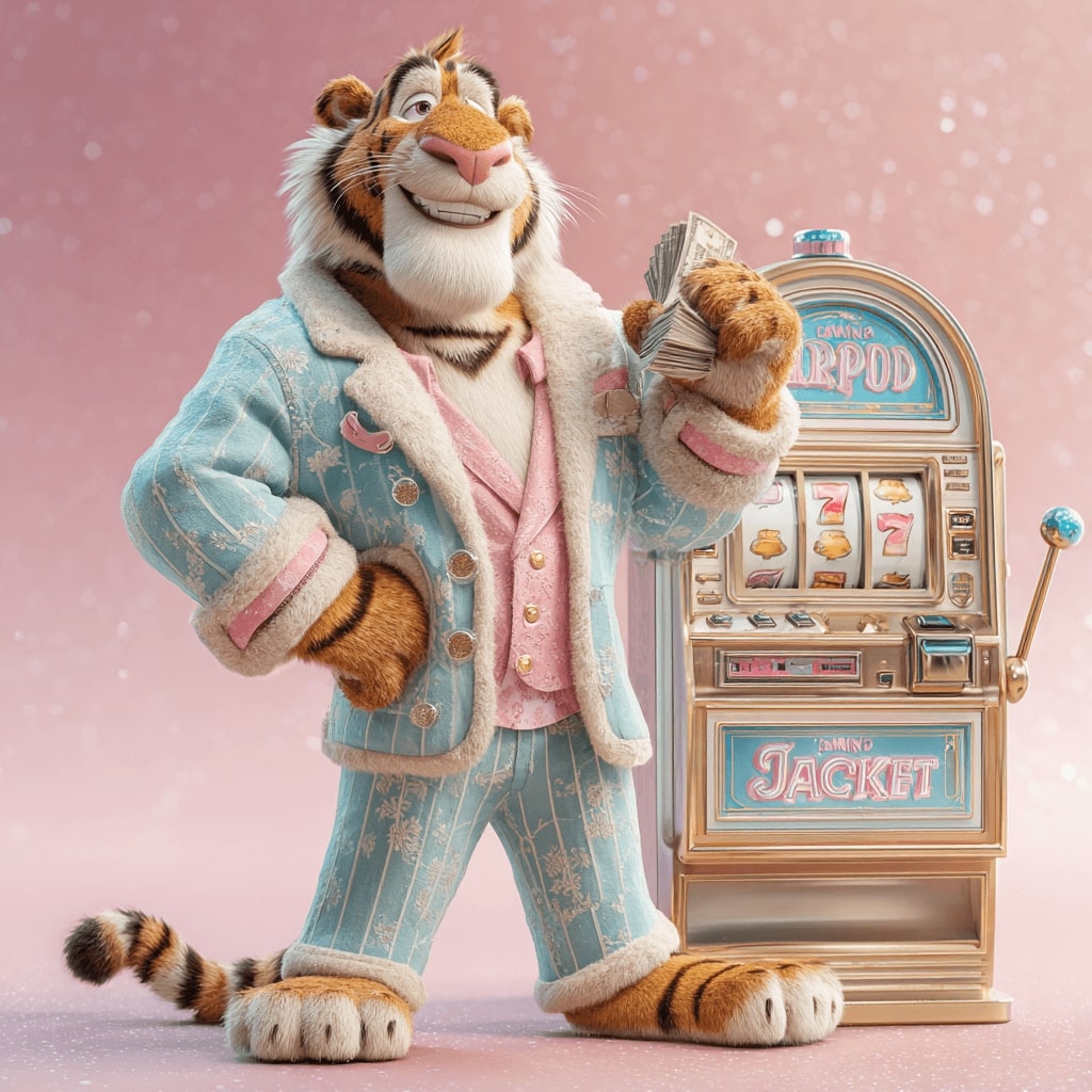 A cartoon tiger in a colourful costume stands near a slot machine and holds a wad of money