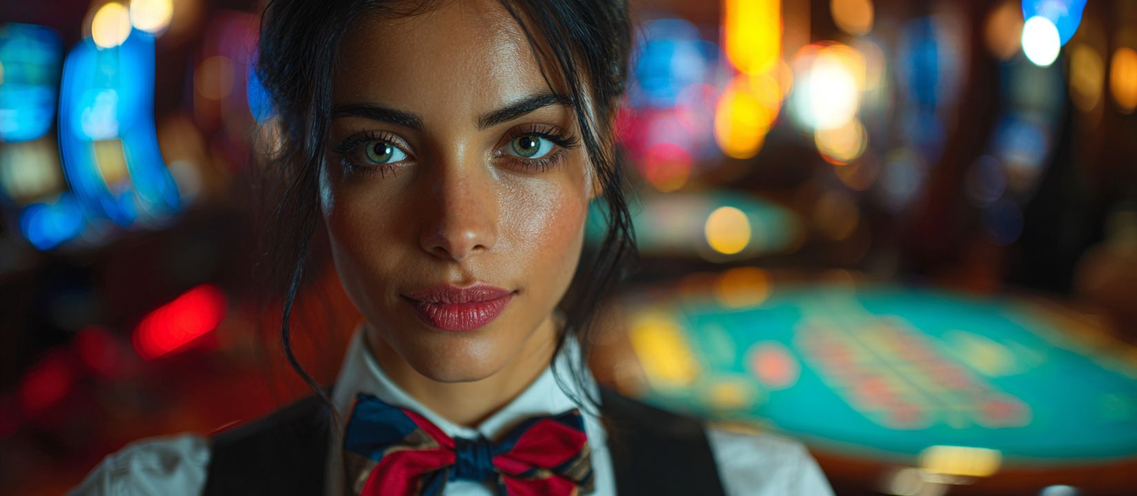 A girl dealer in a casino, with bright lights and gaming tables in the background invites you to log in to your Grapwin account