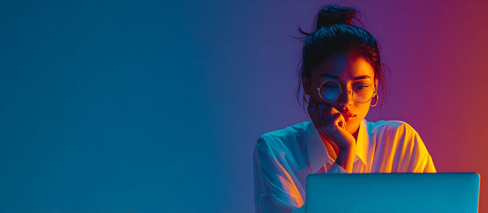 A woman with glasses sits at her laptop, resting her hand thoughtfully on her arm, selecting a game in GrapWin.