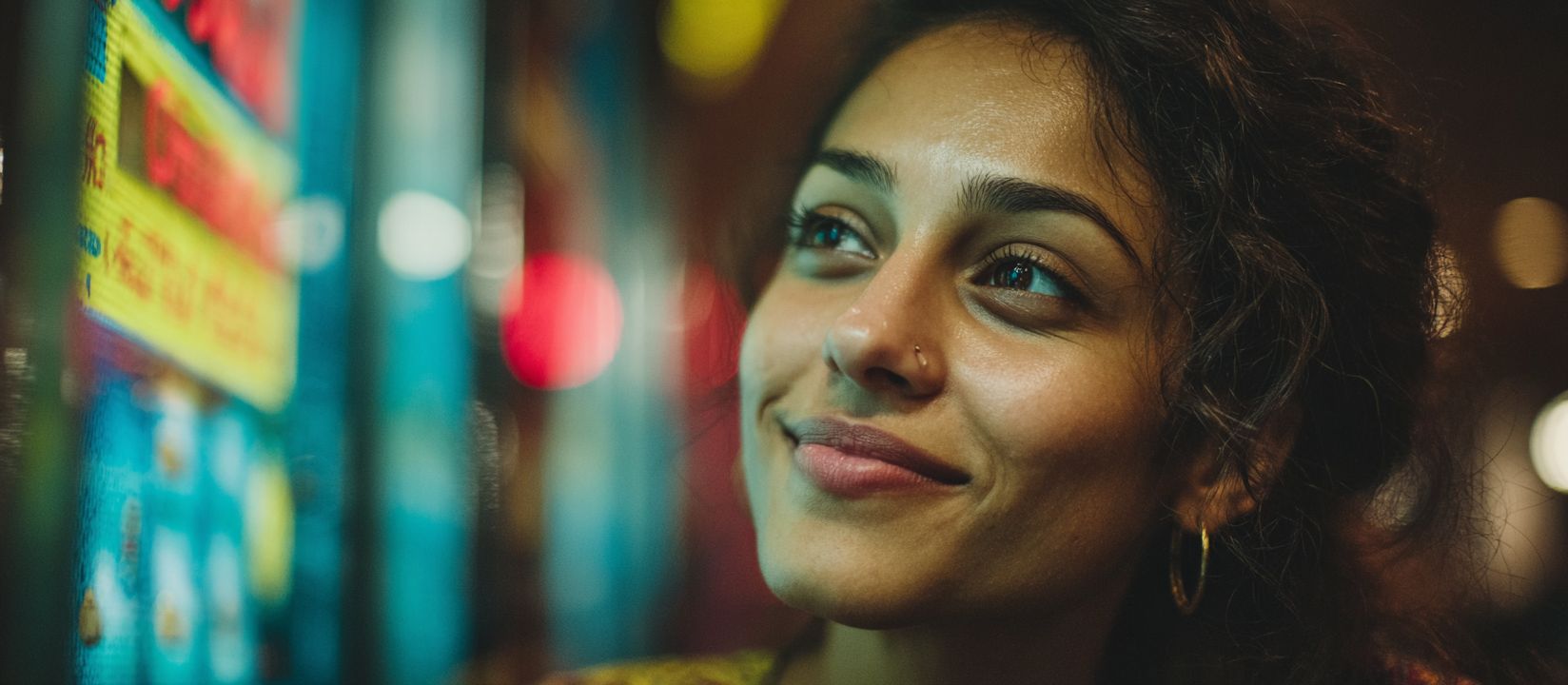 The woman looks at the bright screen of the slot machine reflected in her eyes with a slight smile